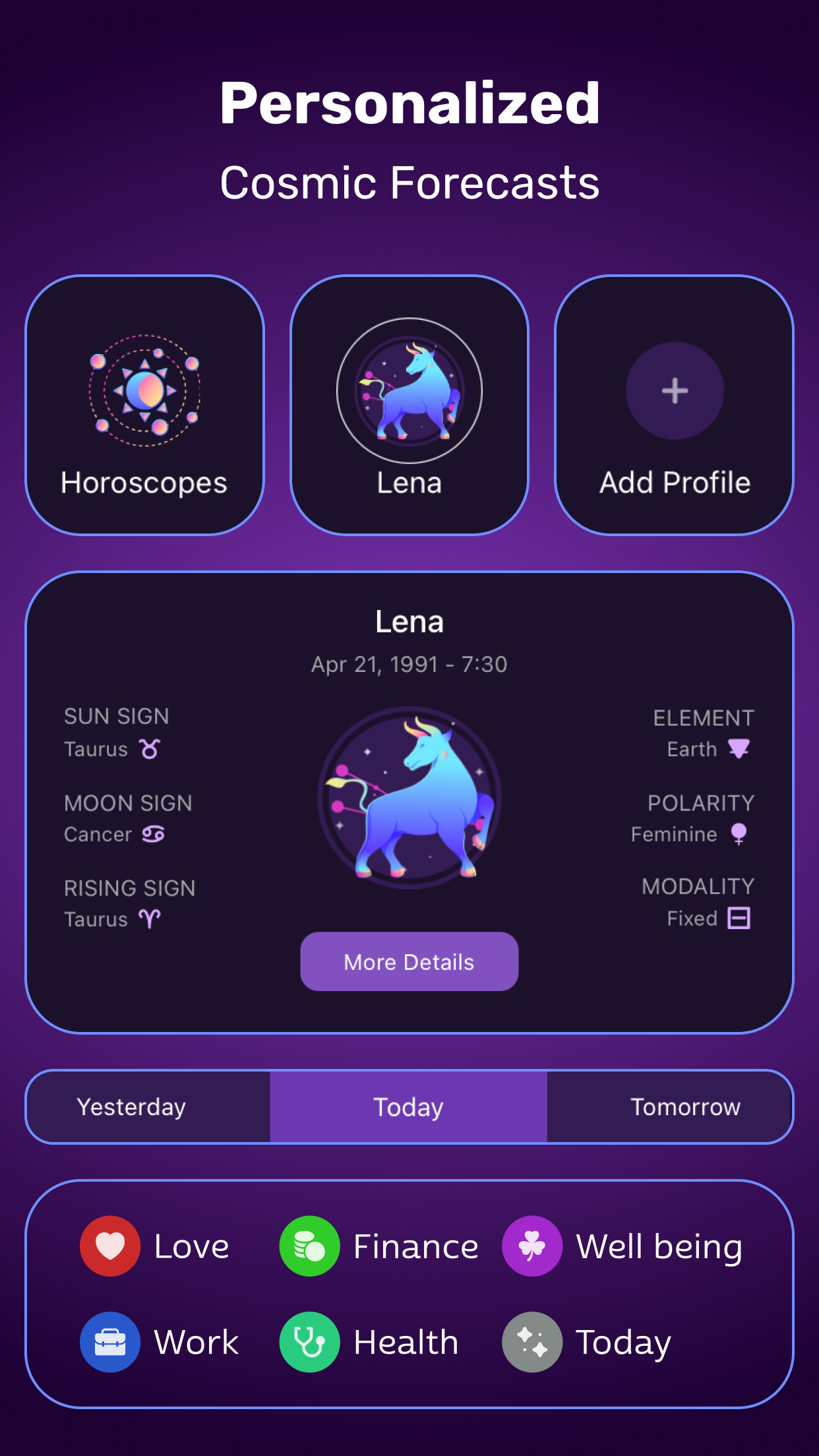 Personalized Leo profile with Sun, Moon and Rising sign in the Daily Horoscope astrology app